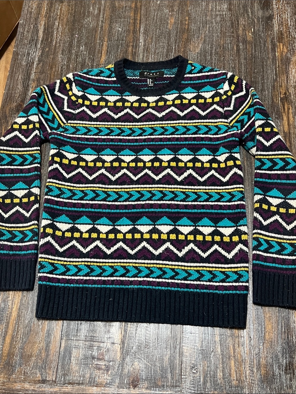 Vintage 90’s Crewneck Fair Isle Sweater in Black with Teal & Yellow Accents